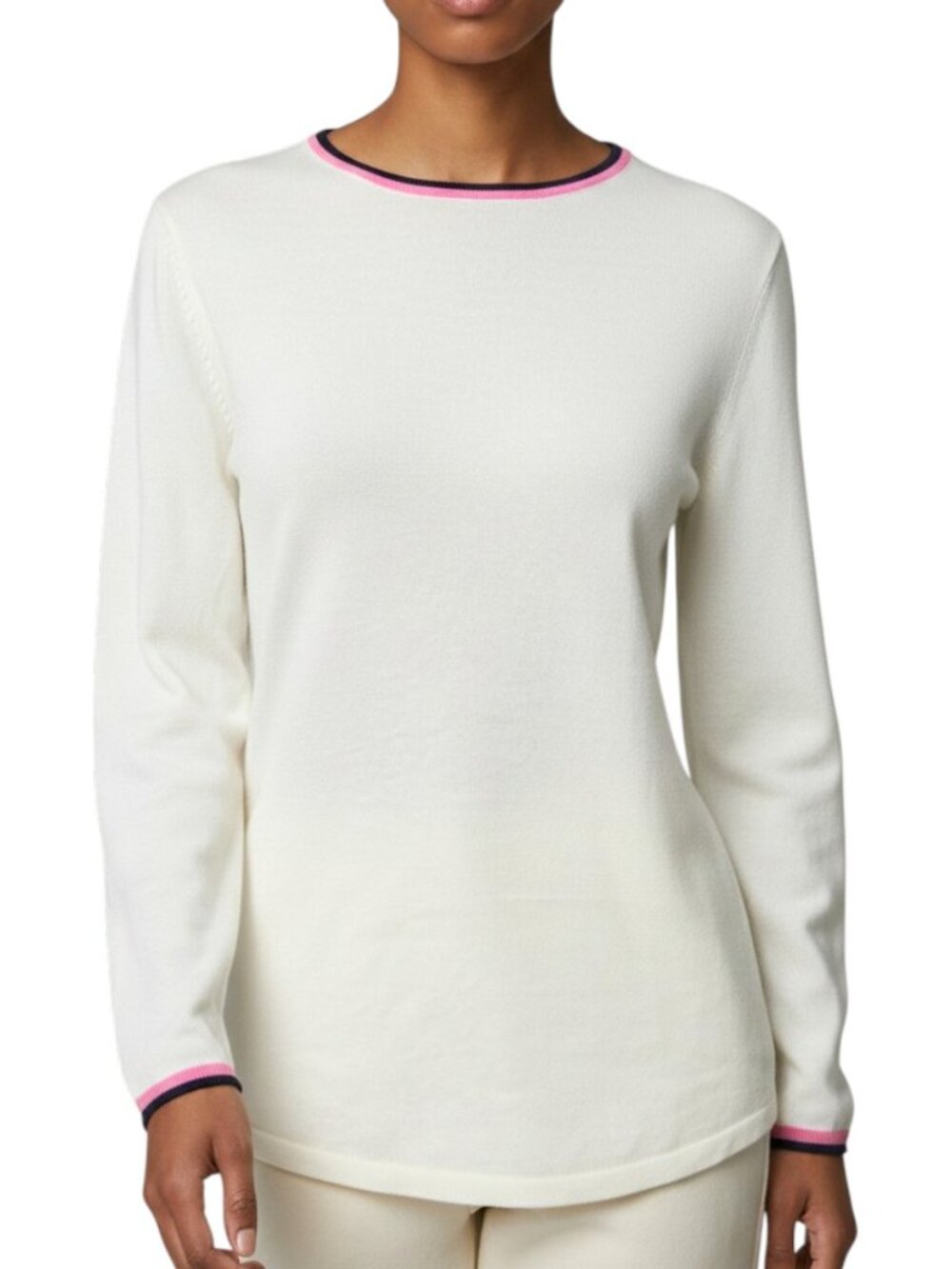 J.McLauglin White Long Sleeve Crewneck Shirt with Pink and Navy Trim Women's S